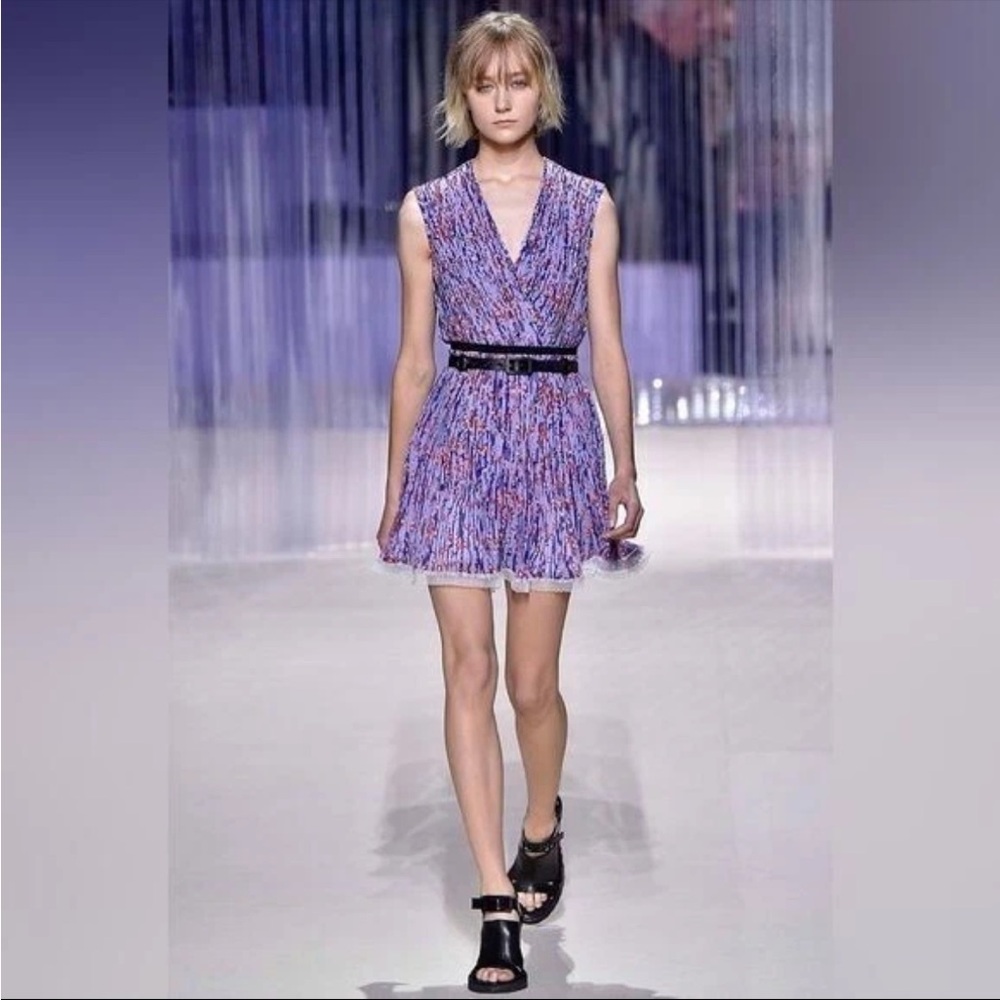 Carven Pleated Sleeveless Mini Dress Purple Poppy Floral Runway Size 36